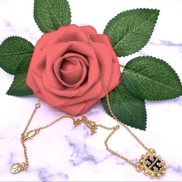 New Tory Burch Black Logo, Gold Adjustable Necklace - Picture 4 of 7